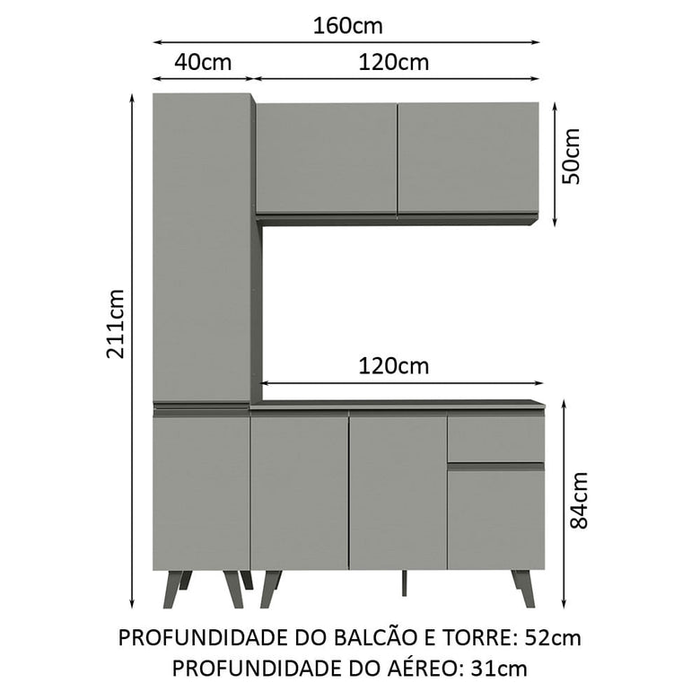 Armário de Cozinha Compacta 160cm Cinza Nice Madesa 01