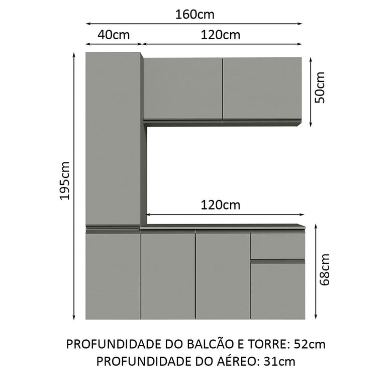 Armário de Cozinha Compacta Suspenso 160cm Cinza Nice Madesa 02