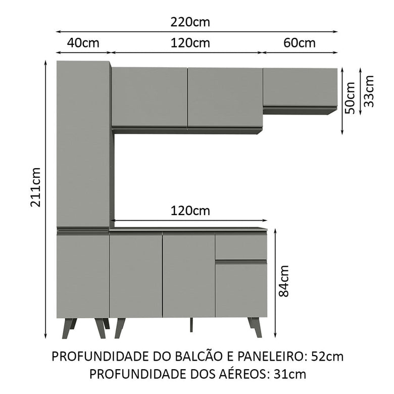 Armário de Cozinha Completa 220cm Cinza Nice Madesa 01