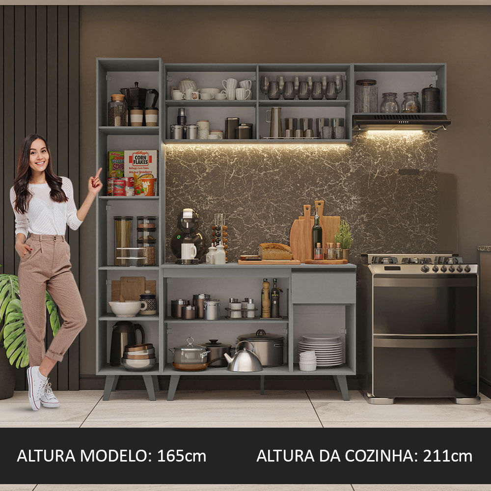 Armário de Cozinha Completa 220cm Cinza Nice Madesa 01