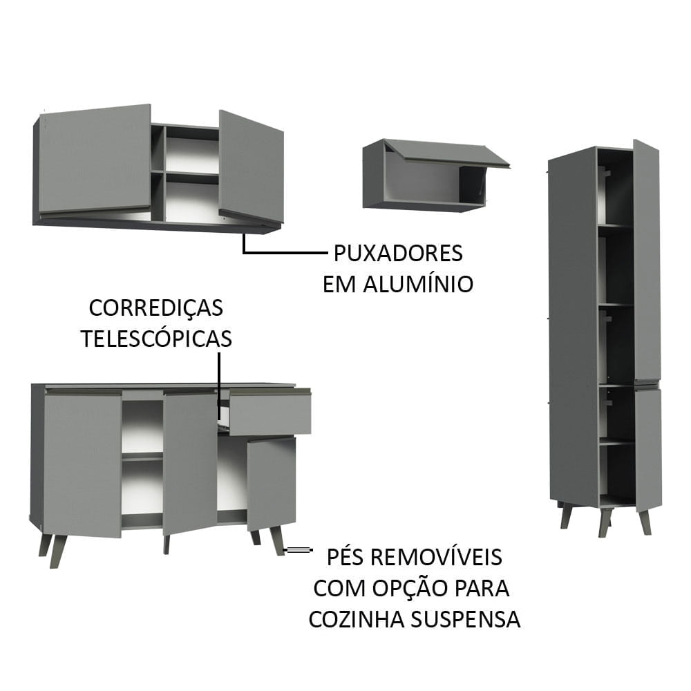 Armário de Cozinha Completa 220cm Cinza Nice Madesa 03