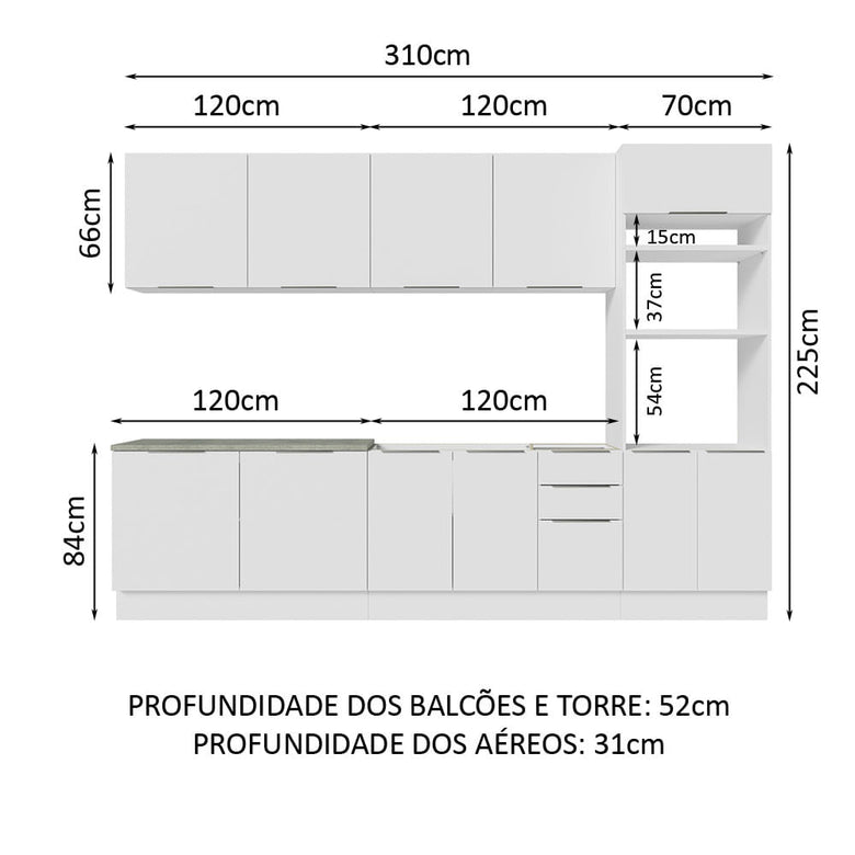 Armário de Cozinha Completa 310cm Branco Stella Madesa 01