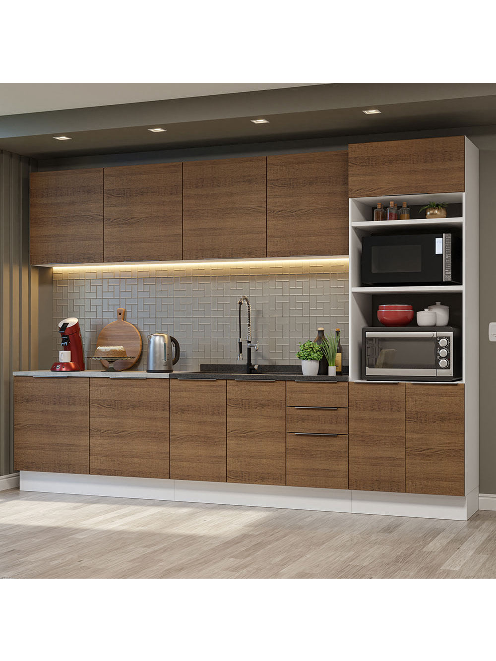 Armário de Cozinha Completa 310cm Branco/Rustic Stella Madesa 01 - Branco/Rustic