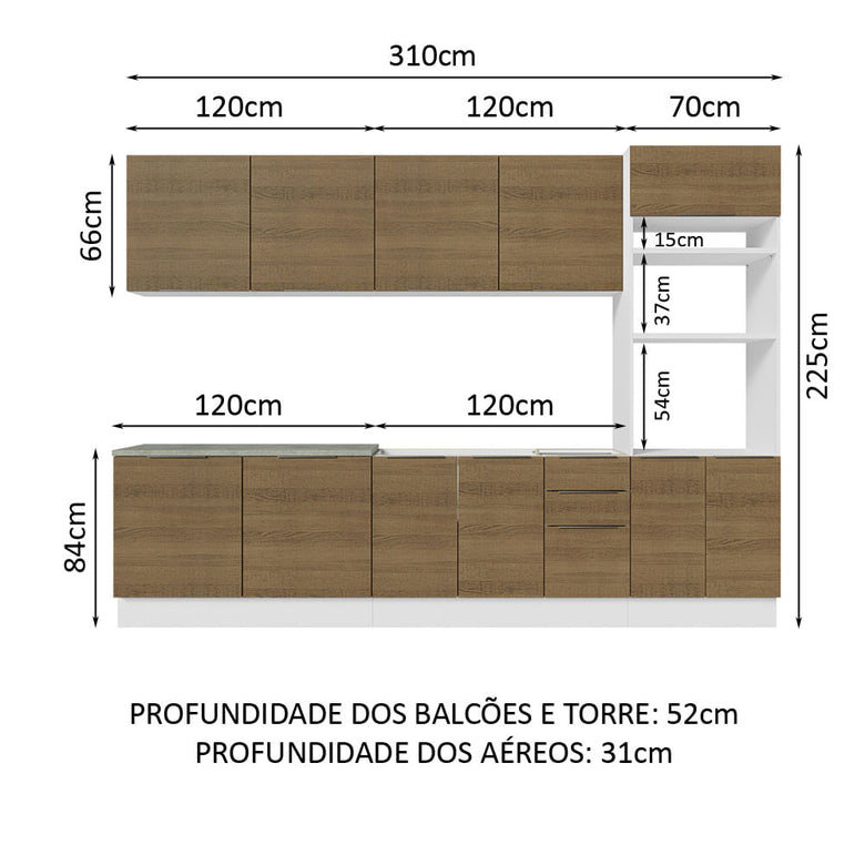 Armário de Cozinha Completa 310cm Branco/Rustic Stella Madesa 01