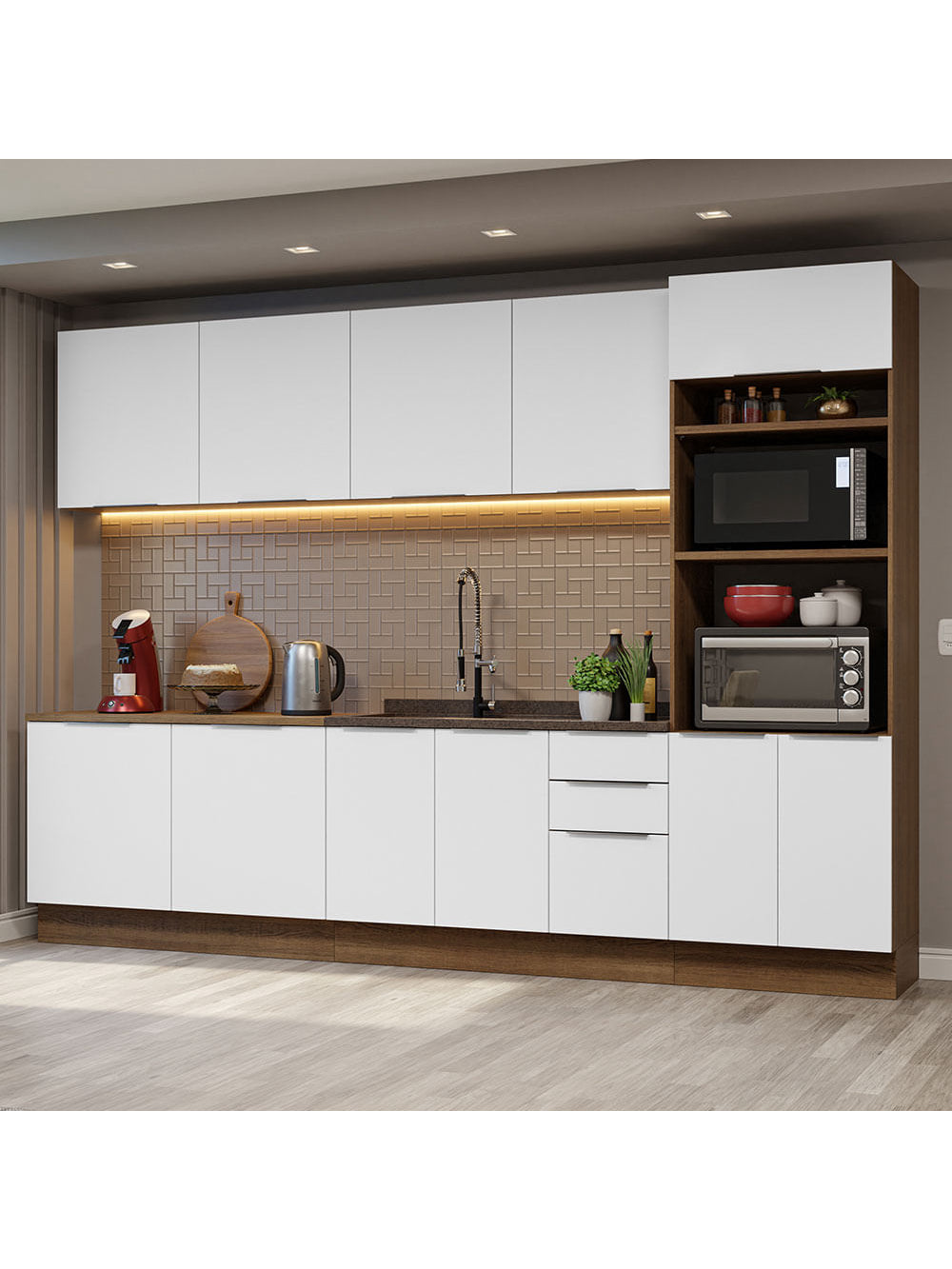 Armário de Cozinha Completa 310cm Rustic/Branco Stella Madesa 01 - Rustic/Branco