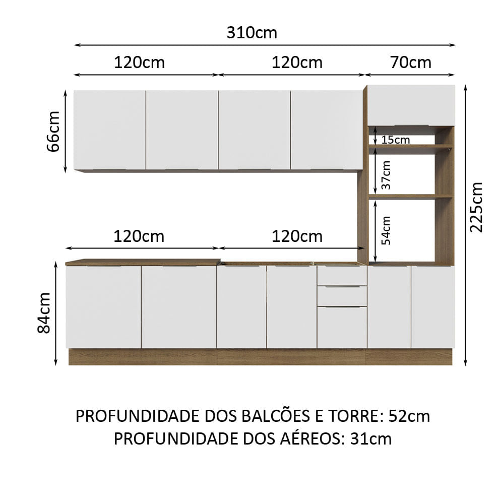 Armário de Cozinha Completa 310cm Rustic/Branco Stella Madesa 01