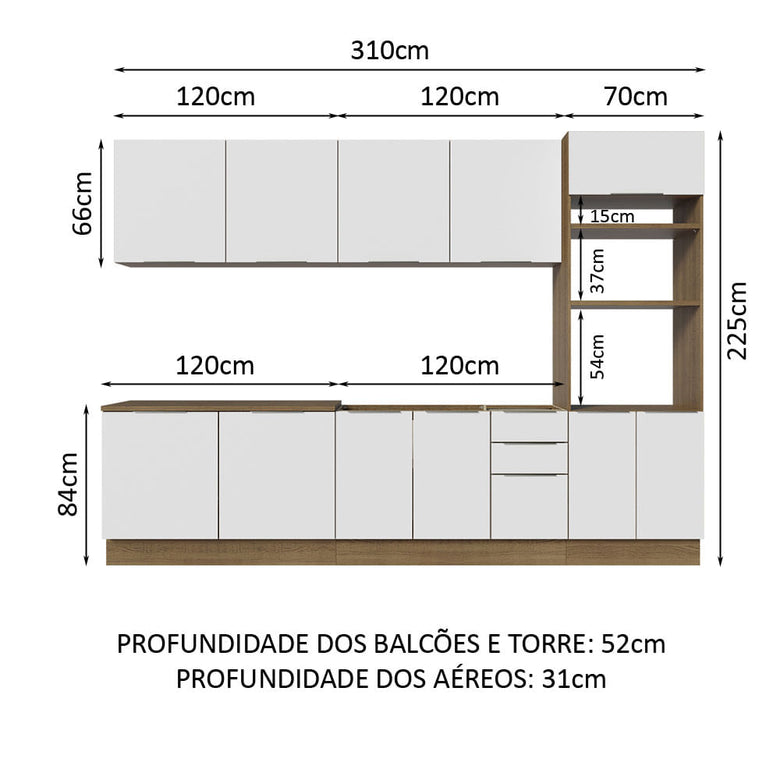 Armário de Cozinha Completa 310cm Rustic/Branco Stella Madesa 01