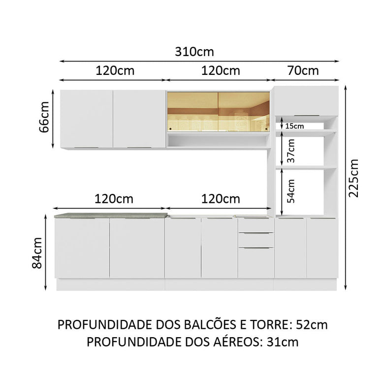 Armário de Cozinha Completa 310cm Branco Stella Madesa 02