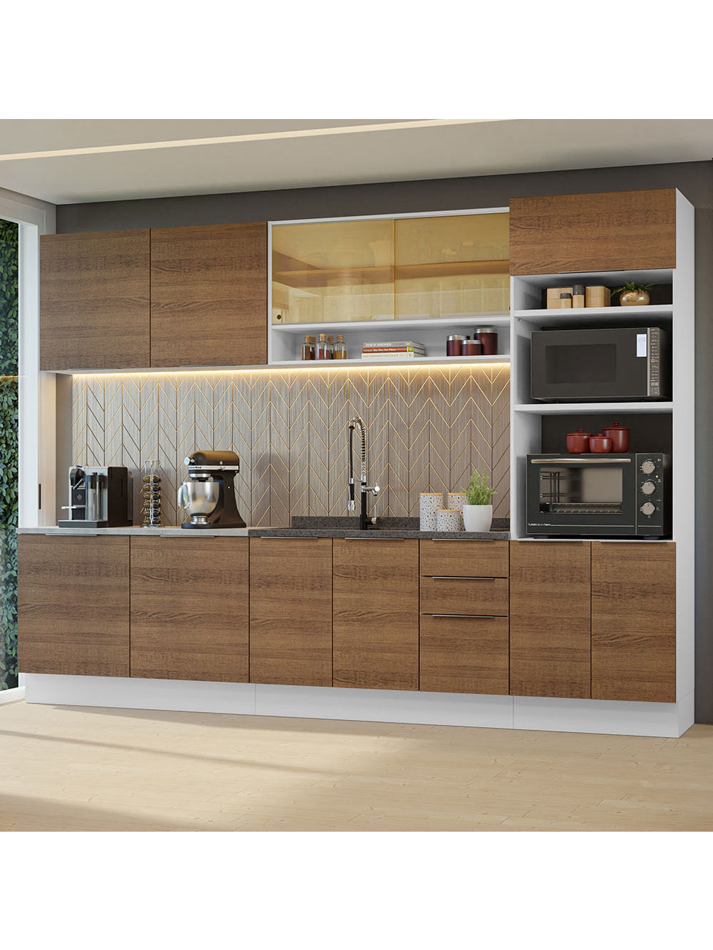 Armário de Cozinha Completa 310cm Branco/Rustic Stella Madesa 02 - Branco/Rustic