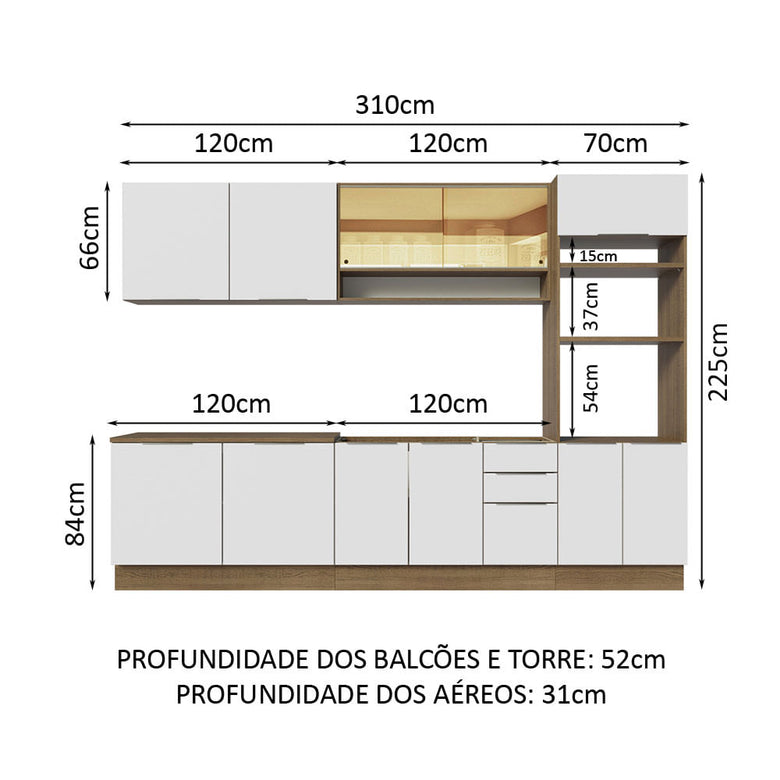 Armário de Cozinha Completa 310cm Rustic/Branco Stella Madesa 02