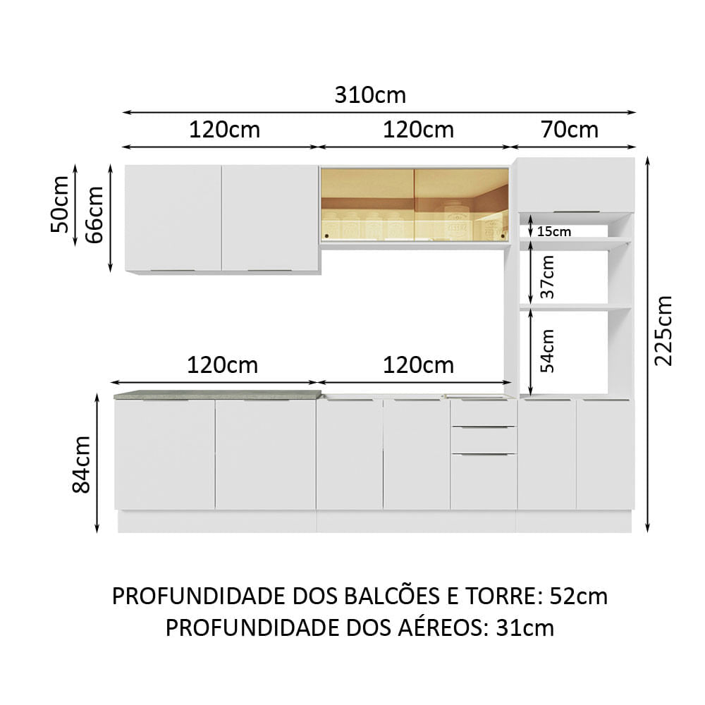 Armário de Cozinha Completa 310cm Branco Stella Madesa 03