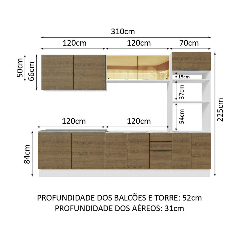 Armário de Cozinha Completa 310cm Branco/Rustic Stella Madesa 03
