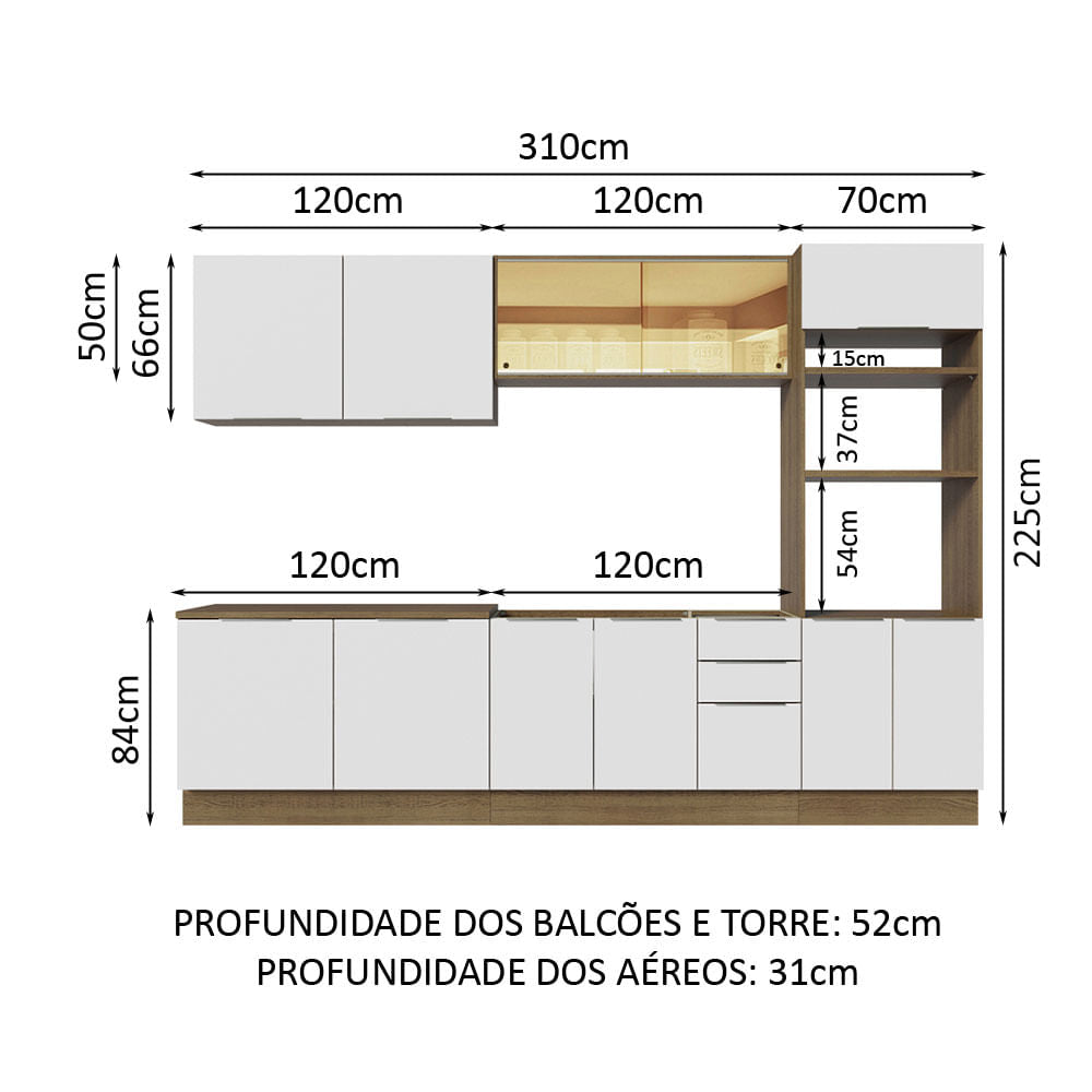 Armário de Cozinha Completa 310cm Rustic/Branco Stella Madesa 03