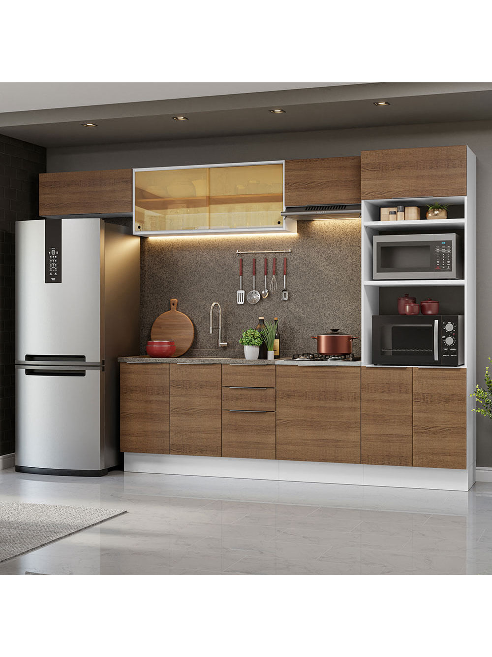 Armário de Cozinha Completa 330cm Branco/Rustic Stella Madesa 04 - Branco/Rustic