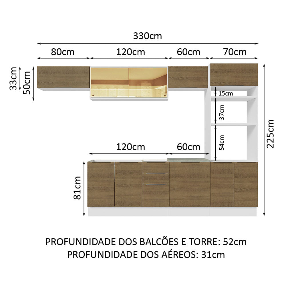 Armário de Cozinha Completa 330cm Branco/Rustic Stella Madesa 04