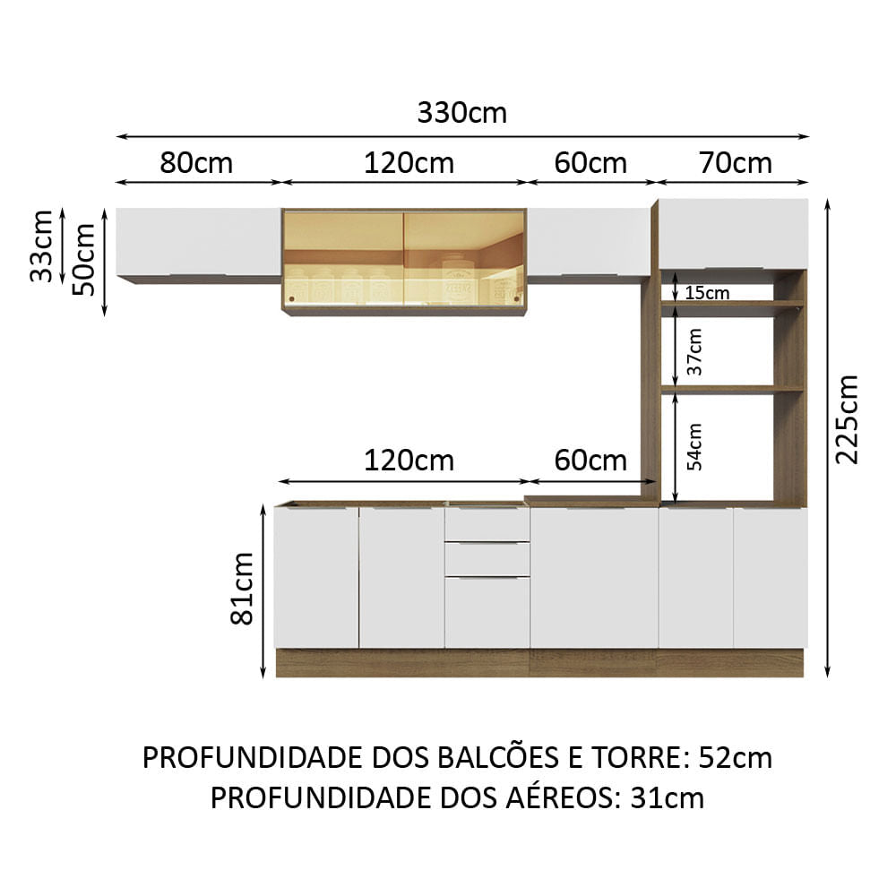 Armário de Cozinha Completa 330cm Rustic/Branco Stella Madesa 04