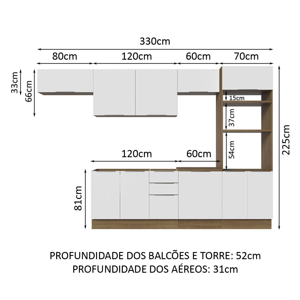 Armário de Cozinha Completa 330cm Rustic/Branco Stella Madesa 05