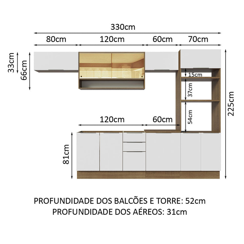 Armário de Cozinha Completa 330cm Rustic/Branco Stella Madesa 06