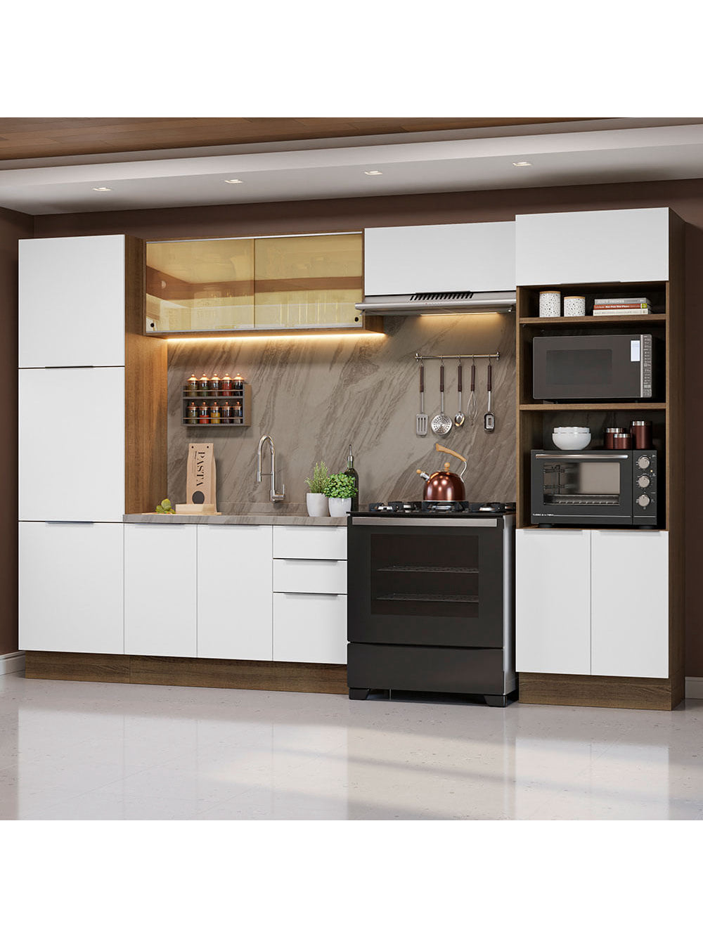 Armário de Cozinha Completa 330cm Rustic/Branco Stella Madesa 07 - Rustic/Branco