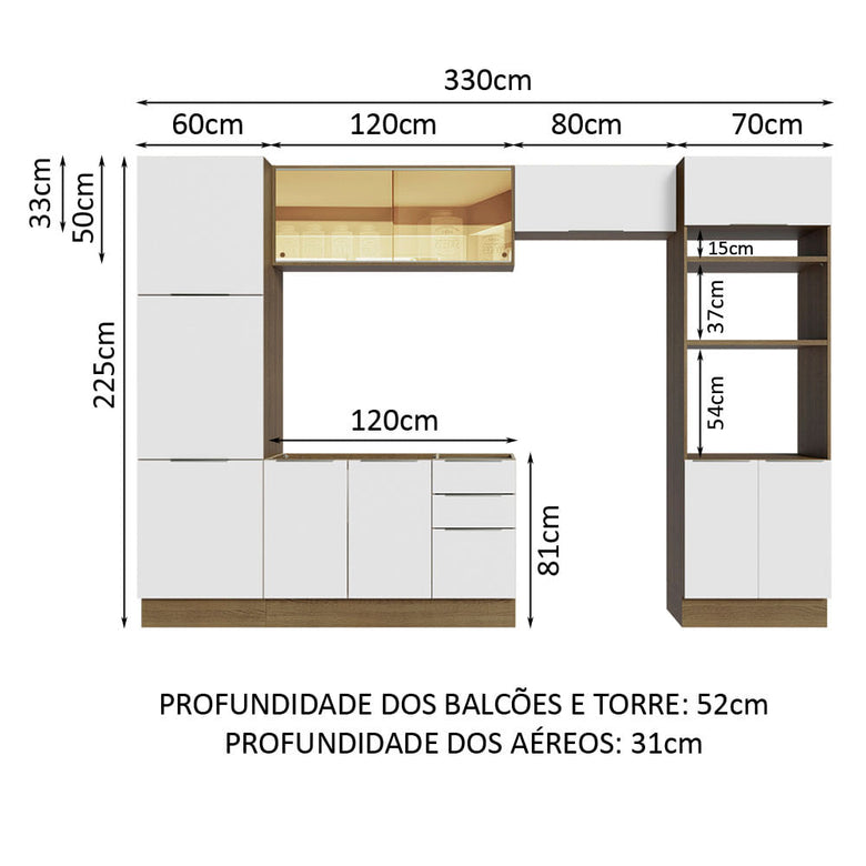 Armário de Cozinha Completa 330cm Rustic/Branco Stella Madesa 07