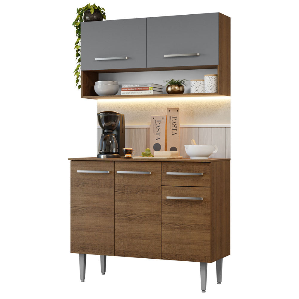 Armário de Cozinha Compacta 105cm Rustic/Cinza Emilly Madesa 03 - Rustic/Cinza