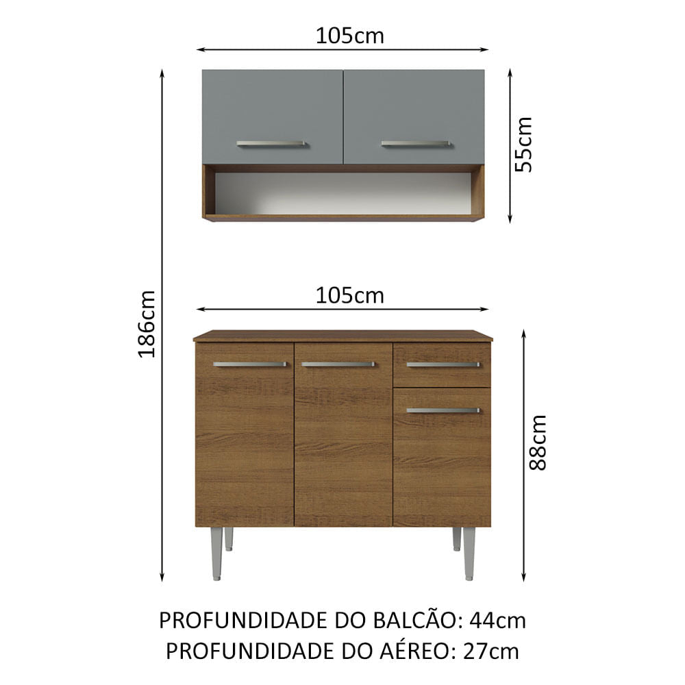Armário de Cozinha Compacta 105cm Rustic/Cinza Emilly Madesa 03