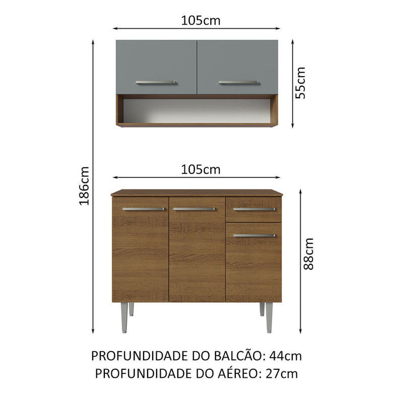 Armário de Cozinha Compacta 105cm Rustic/Cinza Emilly Madesa 03
