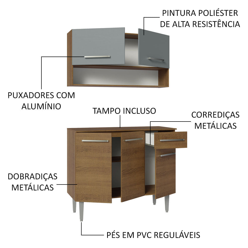 Armário de Cozinha Compacta 105cm Rustic/Cinza Emilly Madesa 03