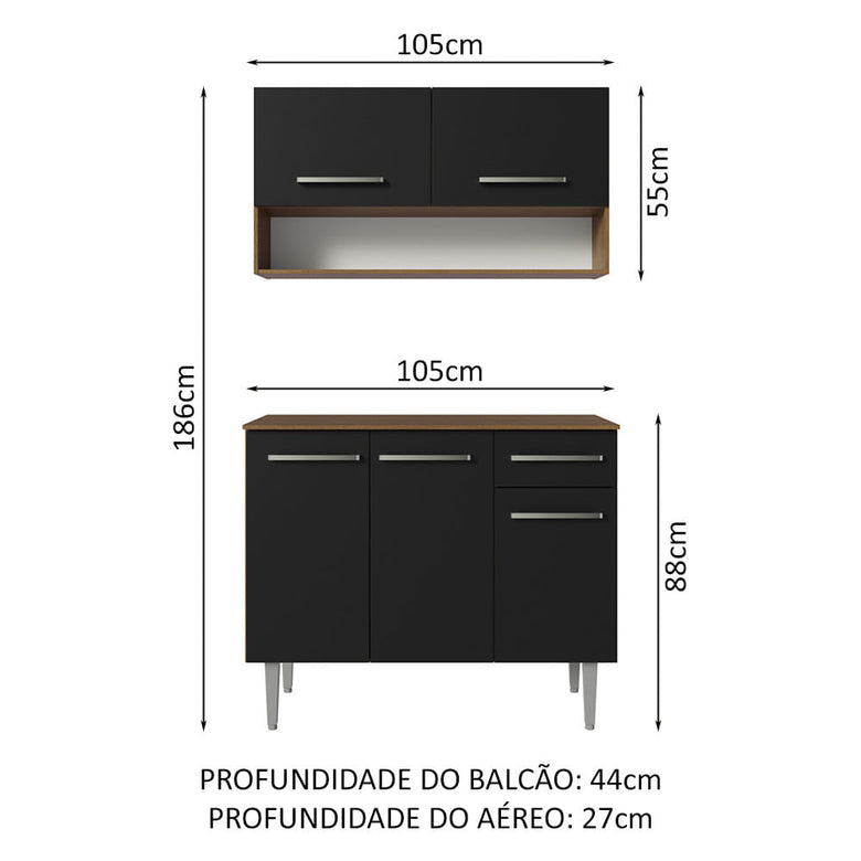 Armário de Cozinha Compacta 105cm Rustic/Preto Emilly Madesa 03