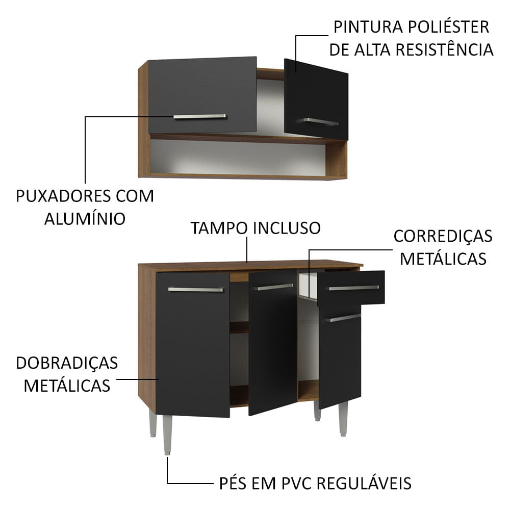 Armário de Cozinha Compacta 105cm Rustic/Preto Emilly Madesa 03