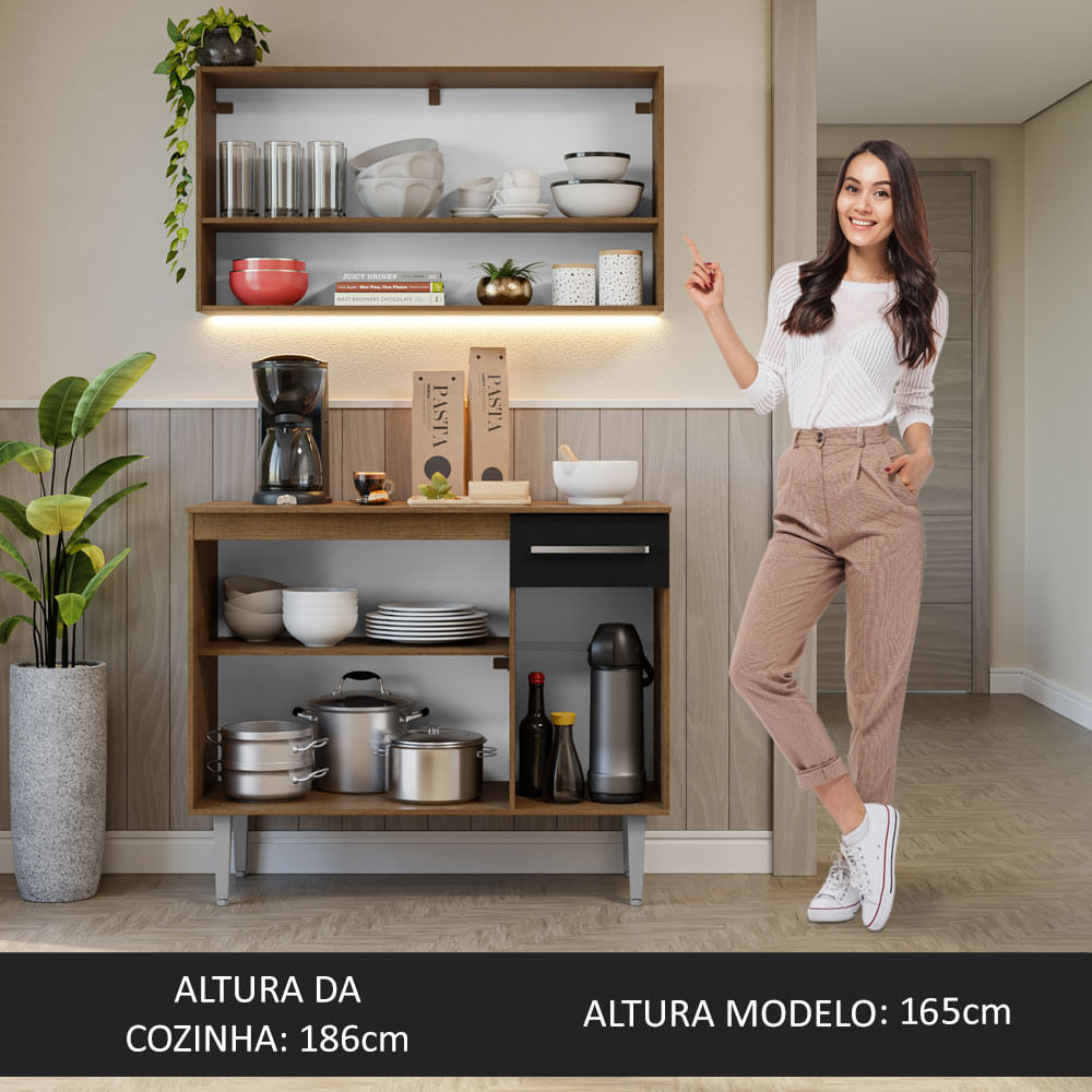Armário de Cozinha Compacta 105cm Rustic/Preto Emilly Madesa 03