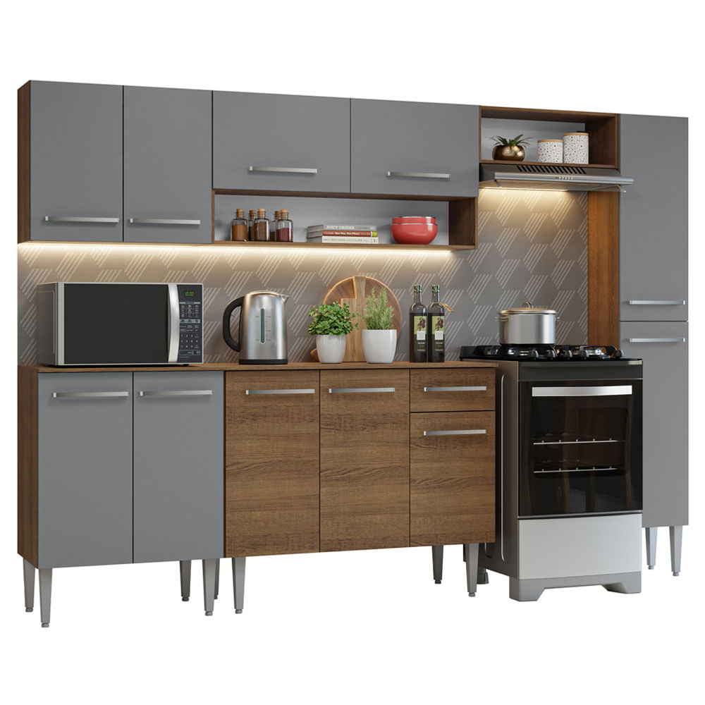 Armário de Cozinha Compacta 261 cm Rustic/Cinza Emilly Madesa 09 - Rustic/Cinza