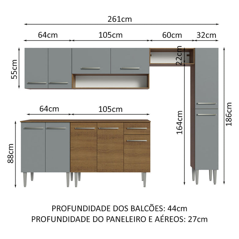 Armário de Cozinha Compacta 261 cm Rustic/Cinza Emilly Madesa 09