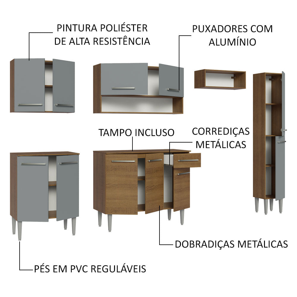 Armário de Cozinha Compacta 261 cm Rustic/Cinza Emilly Madesa 09