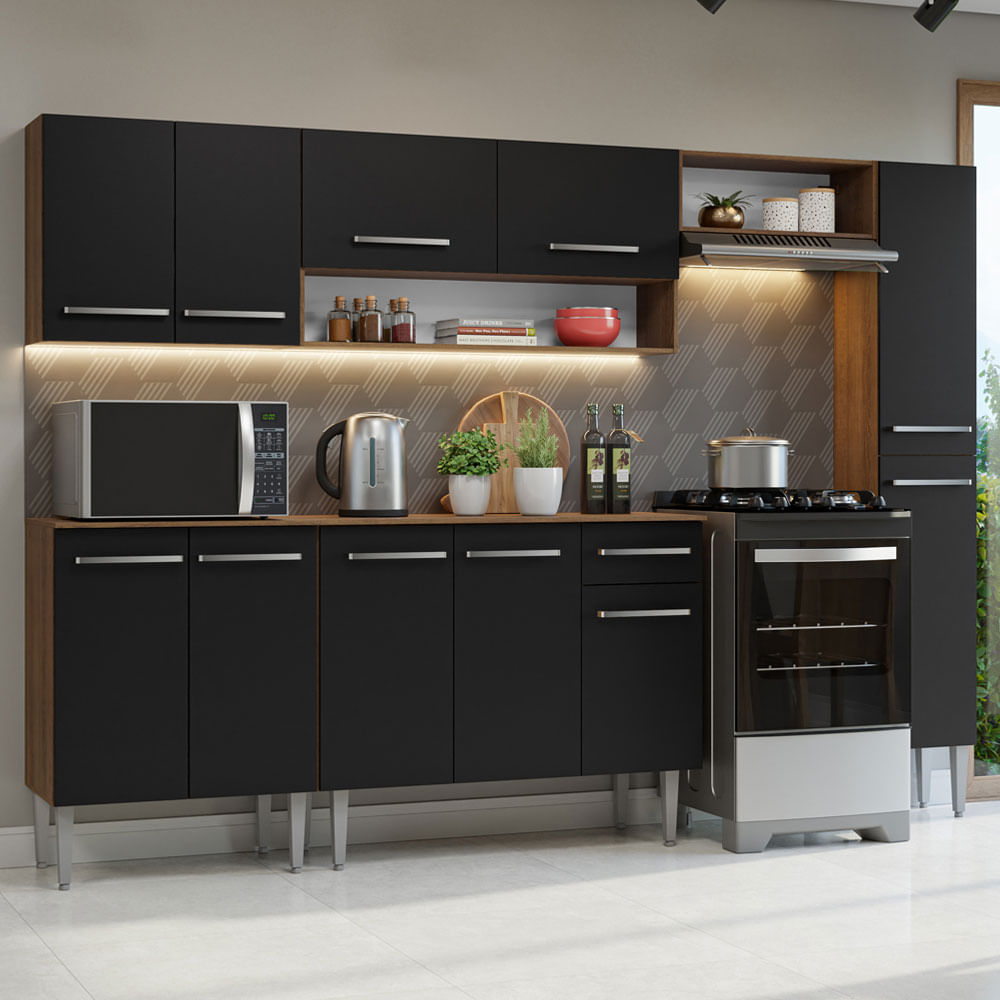 Armário de Cozinha Compacta 261 cm Rustic/Preto Emilly Madesa 09 - Rustic/Preto