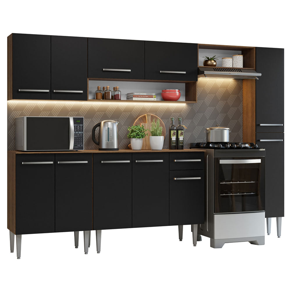 Armário de Cozinha Compacta 261 cm Rustic/Preto Emilly Madesa 09 - Rustic/Preto