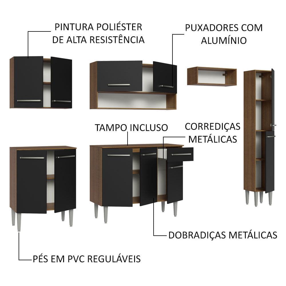 Armário de Cozinha Compacta 261 cm Rustic/Preto Emilly Madesa 09