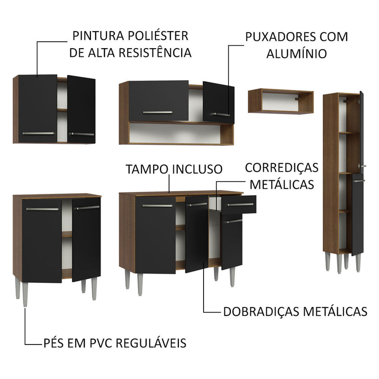 Armário de Cozinha Compacta 261 cm Rustic/Preto Emilly Madesa 09