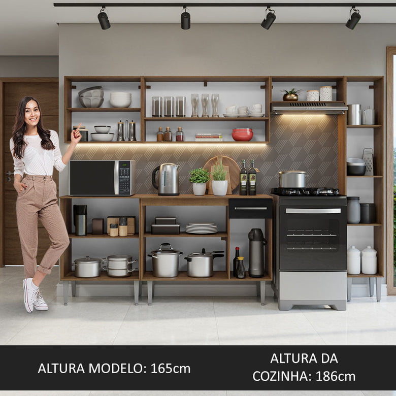 Armário de Cozinha Compacta 261 cm Rustic/Preto Emilly Madesa 09