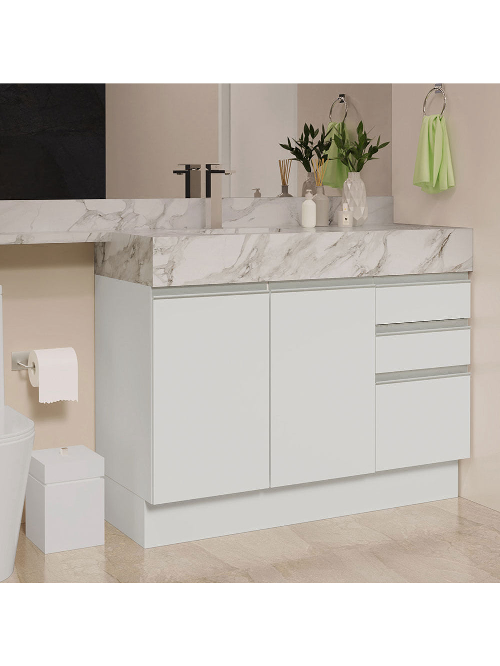 Armário Gabinete para Banheiro 120cm 2 Portas 3 Gavetas Branco Madesa - Branco