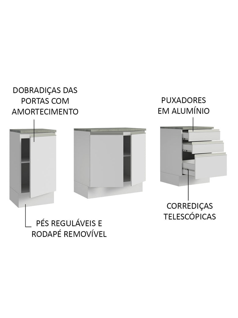 Armário Gabinete para Banheiro 180cm 3 Portas 3 Gavetas Branco Madesa