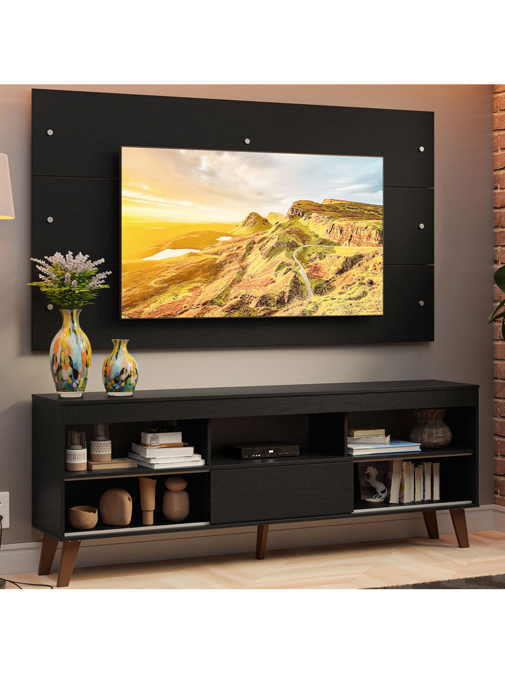 Rack com Painel para TV até 65 Polegadas com Pés Preto Texas Madesa - Preto