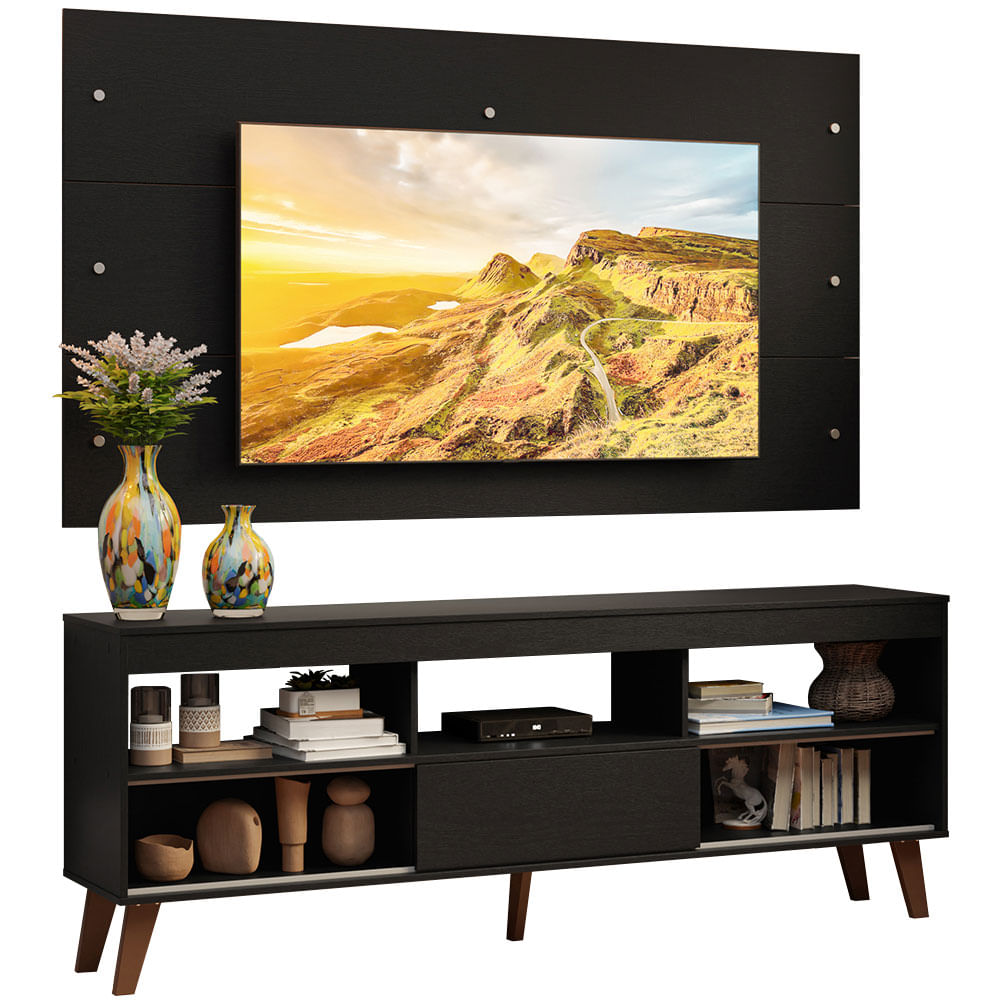 Rack com Painel para TV até 65 Polegadas com Pés Preto Texas Madesa - Preto