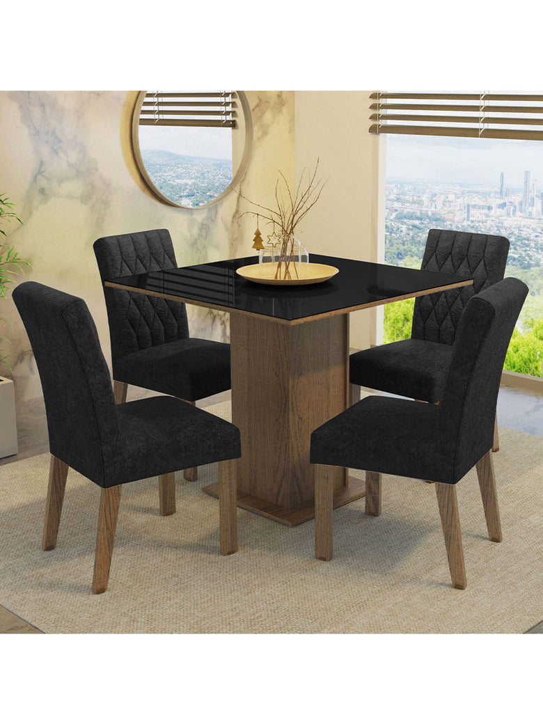 Conjunto Sala de Jantar Mesa Tampo de Vidro 4 Cadeiras Rustic/Preto/Oxford Anaju Madesa