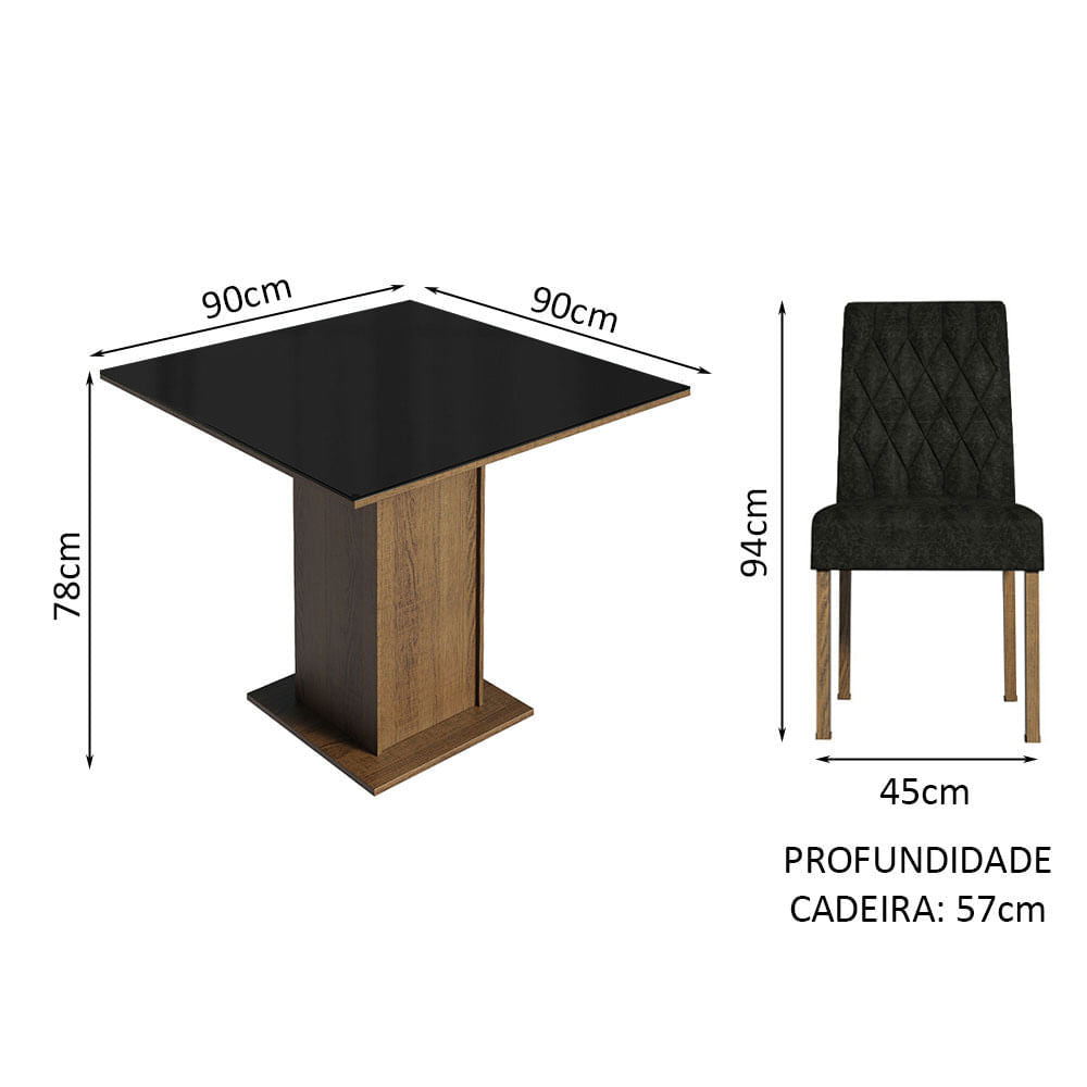 Conjunto Sala de Jantar Mesa Tampo de Vidro 4 Cadeiras Rustic/Preto/Oxford Anaju Madesa