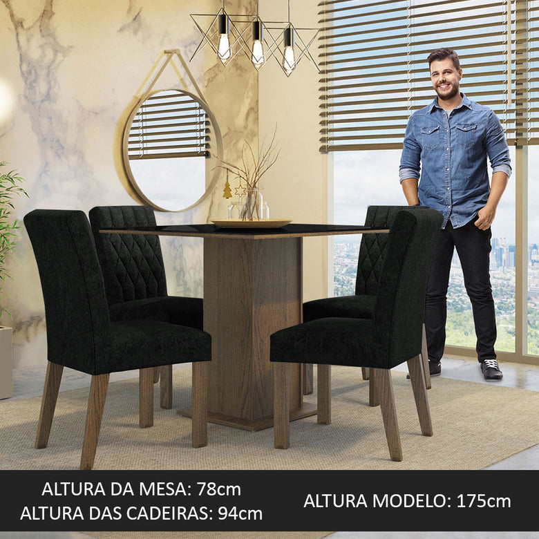 Conjunto Sala de Jantar Mesa Tampo de Vidro 4 Cadeiras Rustic/Preto/Oxford Anaju Madesa