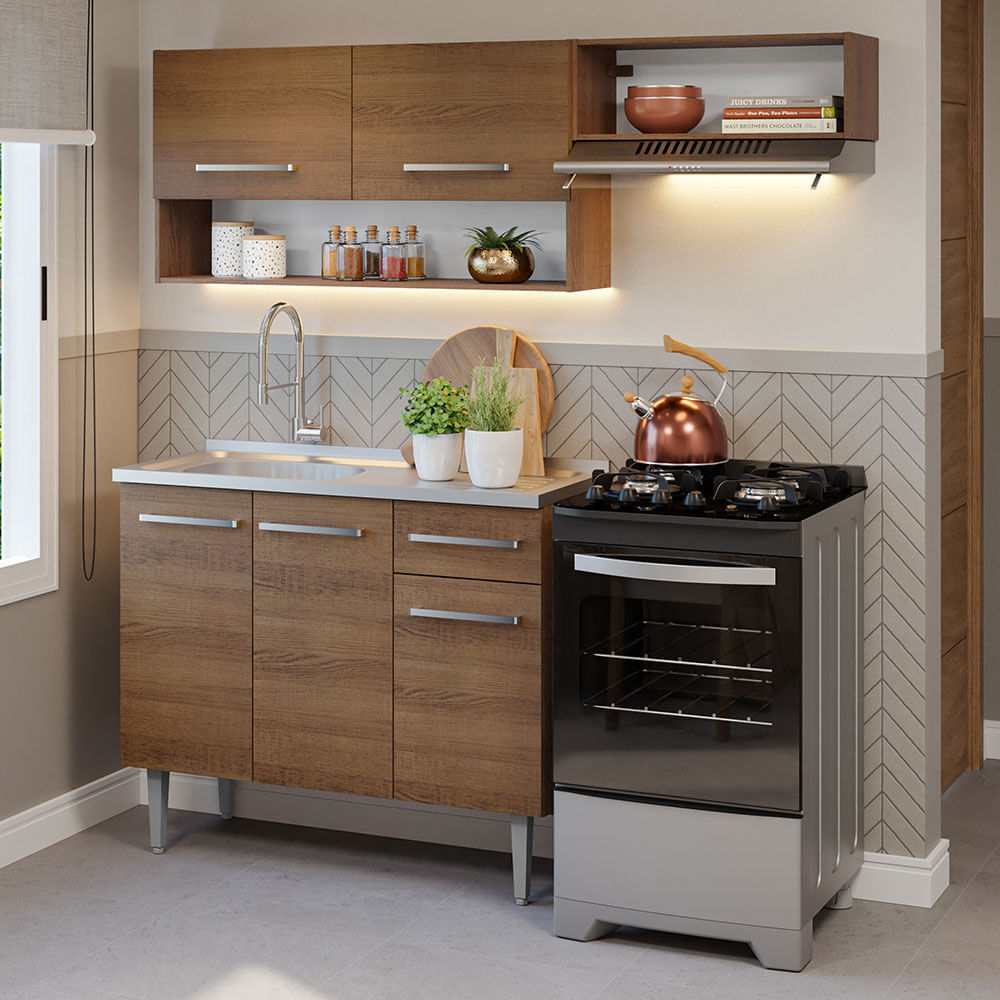 Armário de Cozinha Compacta 165cm com Pia Rustic Emilly Madesa 09 - Rustic