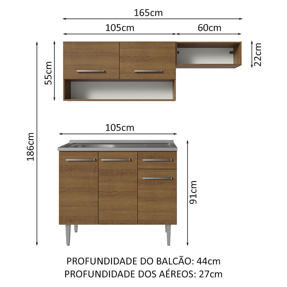 Armário de Cozinha Compacta 165cm com Pia Rustic Emilly Madesa 09