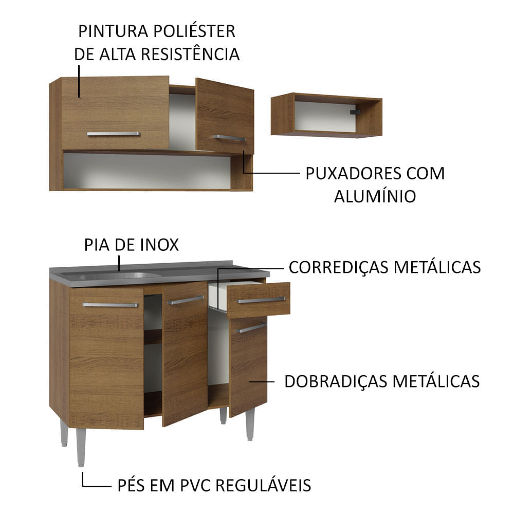 Armário de Cozinha Compacta 165cm com Pia Rustic Emilly Madesa 09