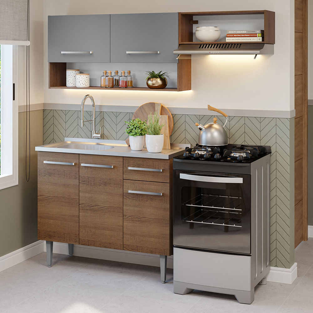 Armário de Cozinha Compacta 165cm com Pia Rustic/Cinza Emilly Madesa 09 - Rustic/Cinza